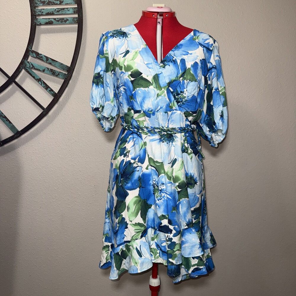 Alex Marie Dress 12 NWT $168 Blue Floral Print High Low Lined Puff Sleeves